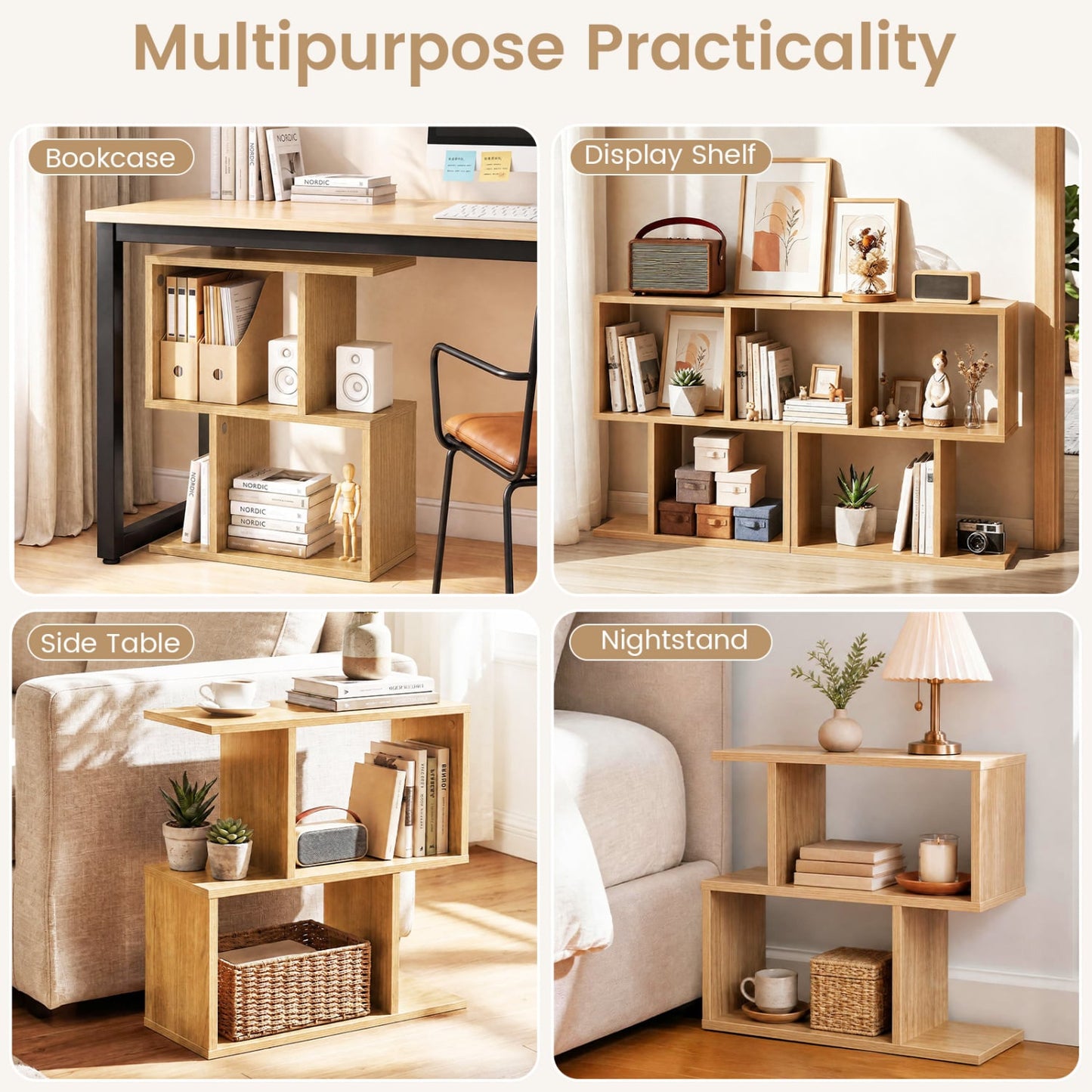 3-Tier Geometric Bookshelf Display Shelf Side Table Set of 2, Natural