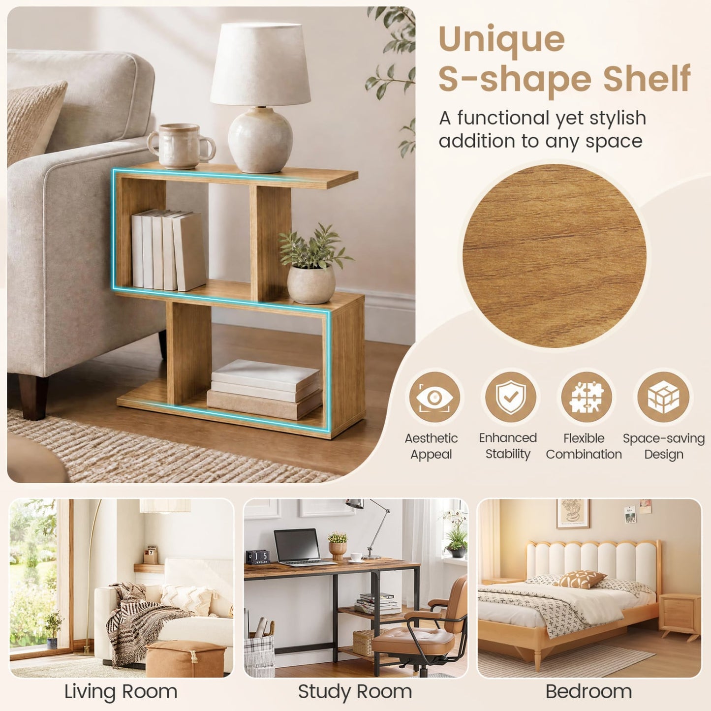 3-Tier Geometric Bookshelf Display Shelf Side Table Set of 2, Natural
