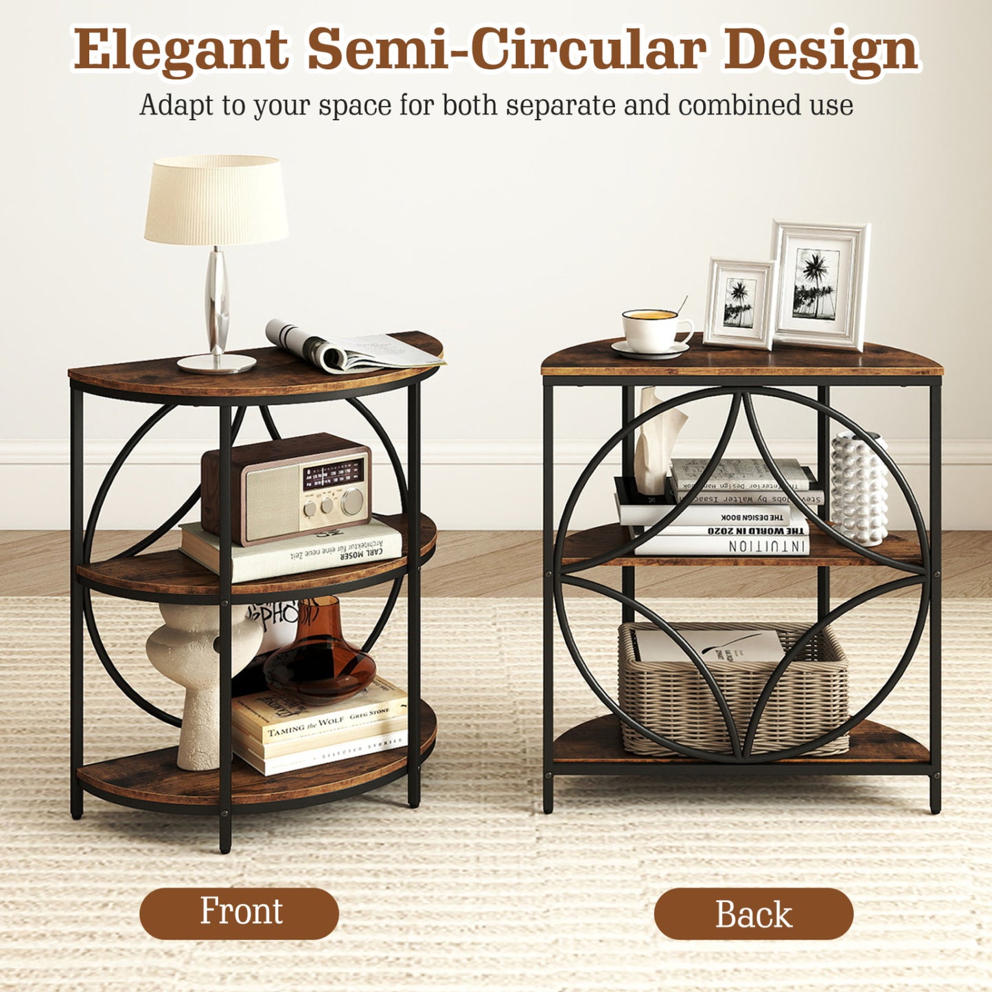 3-Tier Half Round End Table, Study Metal Frame, Brown End & Side Tables at Gallery Canada
