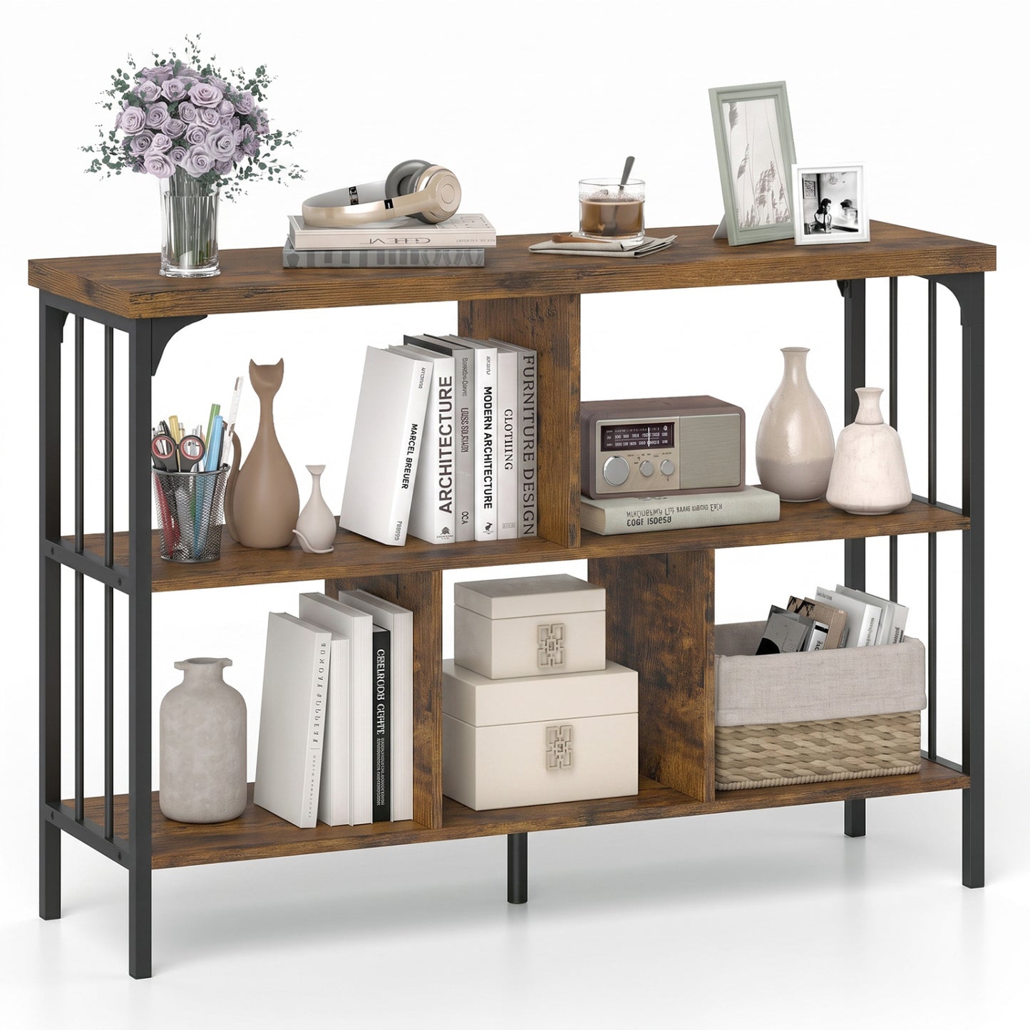 3-Tier Horizontal Bookshelf, Rustic Brown