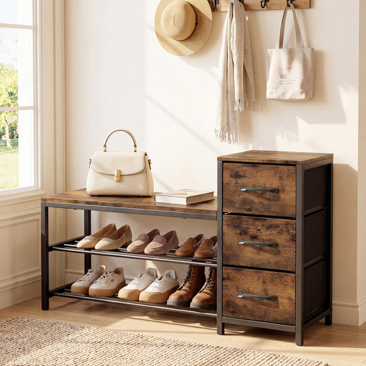 3-Tier Industrial Shoe Bench with 3 Removable Fabric Drawers and Anti-toppling Kits, Rustic Brown Shoe Racks & Storage Benches Rustic Brown at Gallery Canada