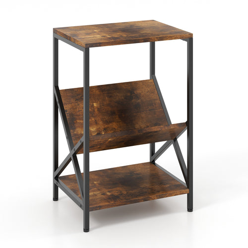 3-Tier Industrial Side Table, V-Shaped Bookshelf, Rustic Brown