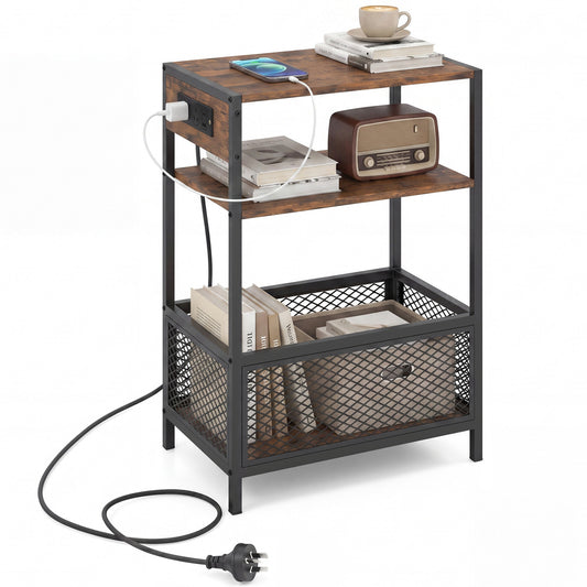 3-Tier Industrial Side Table, 2 AC Outlets & 1 Type-C Port, Rustic Brown End & Side Tables Rustic Brown at Gallery Canada