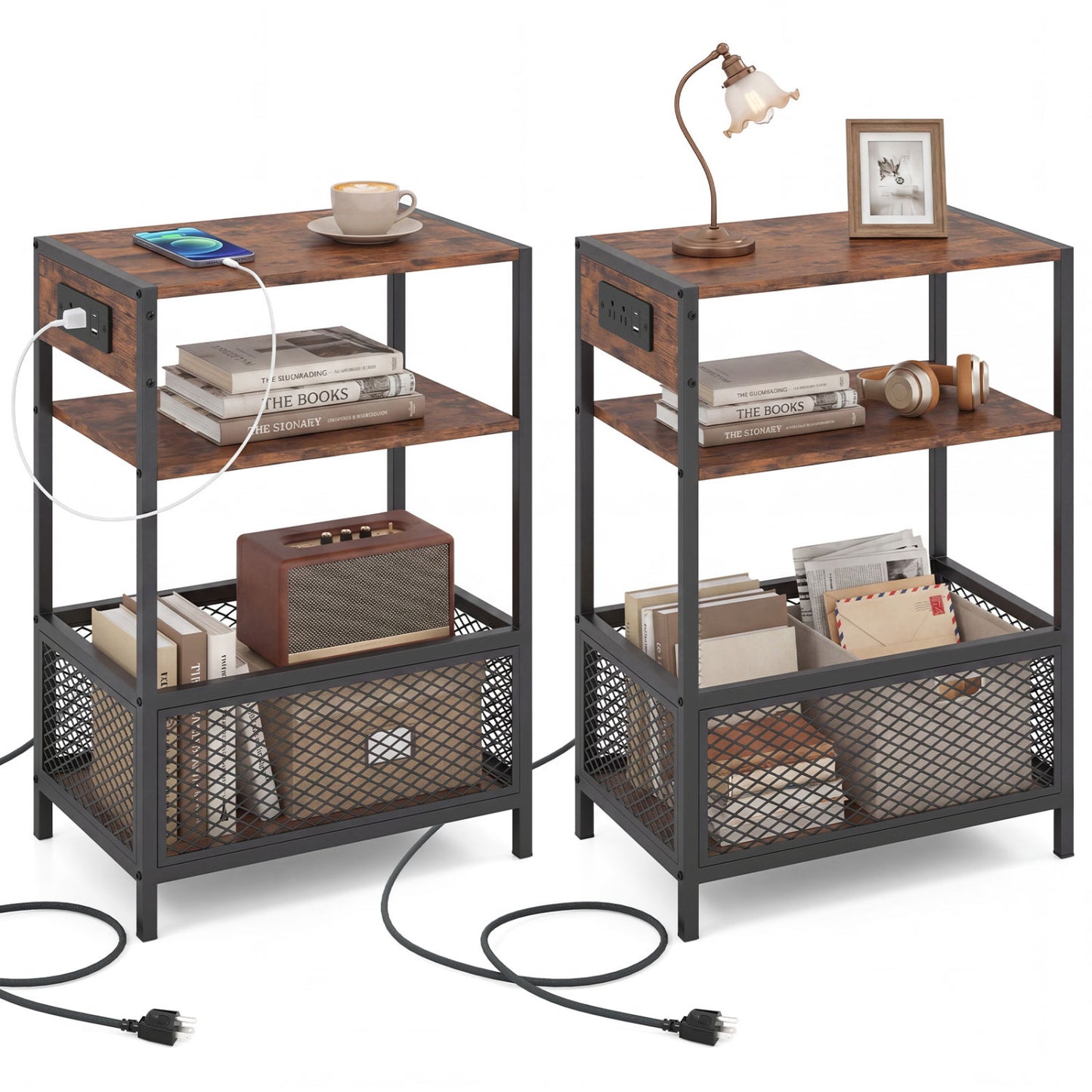 Ensemble de 2 tables d'appoint industrielles à 3 niveaux, prises CA et port Type-C, brun rustique