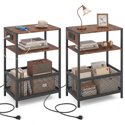 Ensemble de 2 tables d'appoint industrielles à 3 niveaux, prises CA et port Type-C, brun rustique