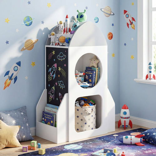 3-Tier Kids Bookshelf Rocket Space Theme Toddler Toy Storage Organizer, White