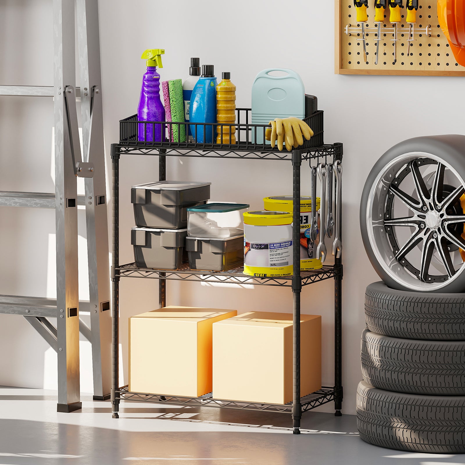 3-Tier Metal Storage Shelving Unit with V-Shaped Wire Rack and 450 LBS Capacity-DK, Black Garages at Gallery Canada