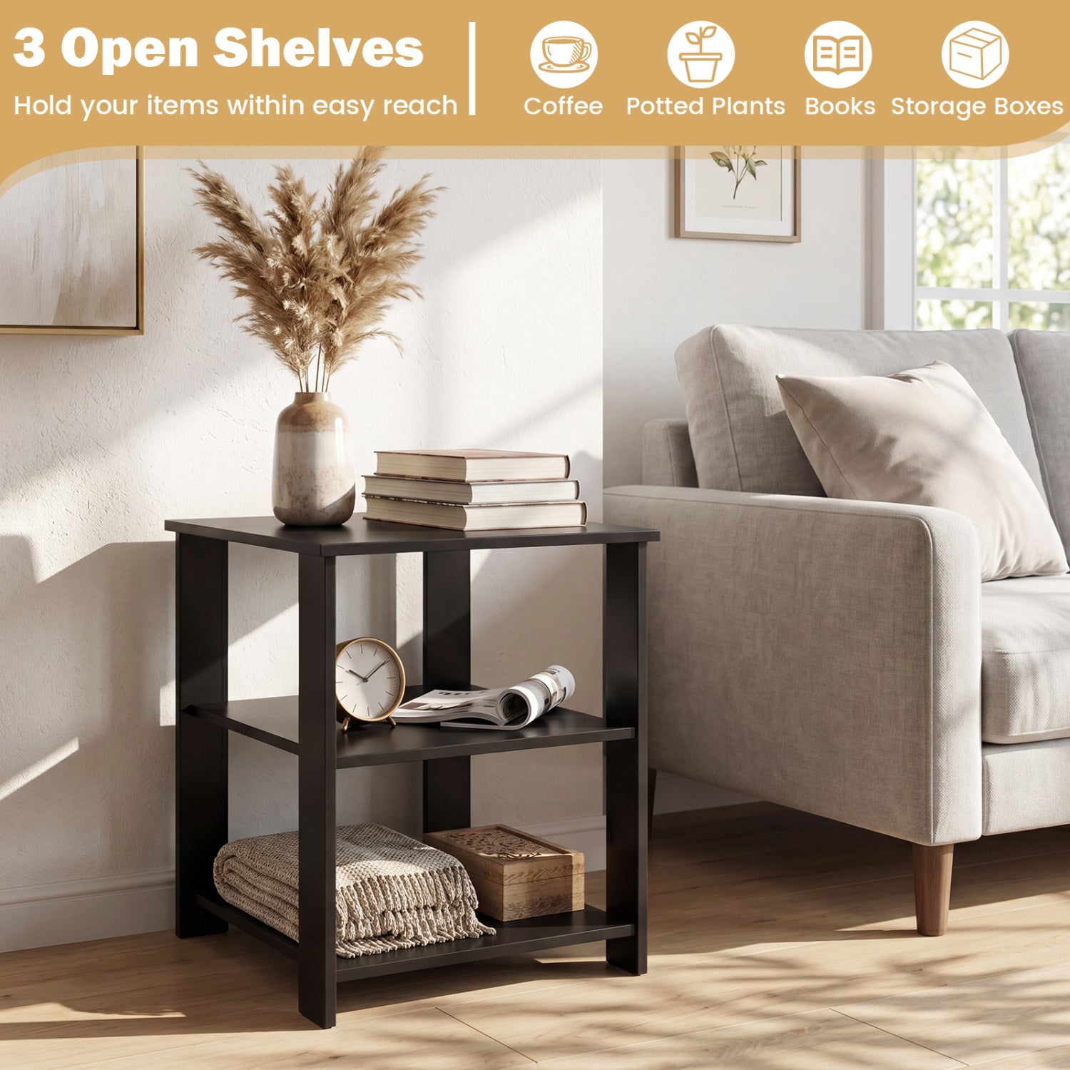 3-Tier Modern Nightstand Square Side Table with Open Storage Shelves, Black End & Side Tables at Gallery Canada