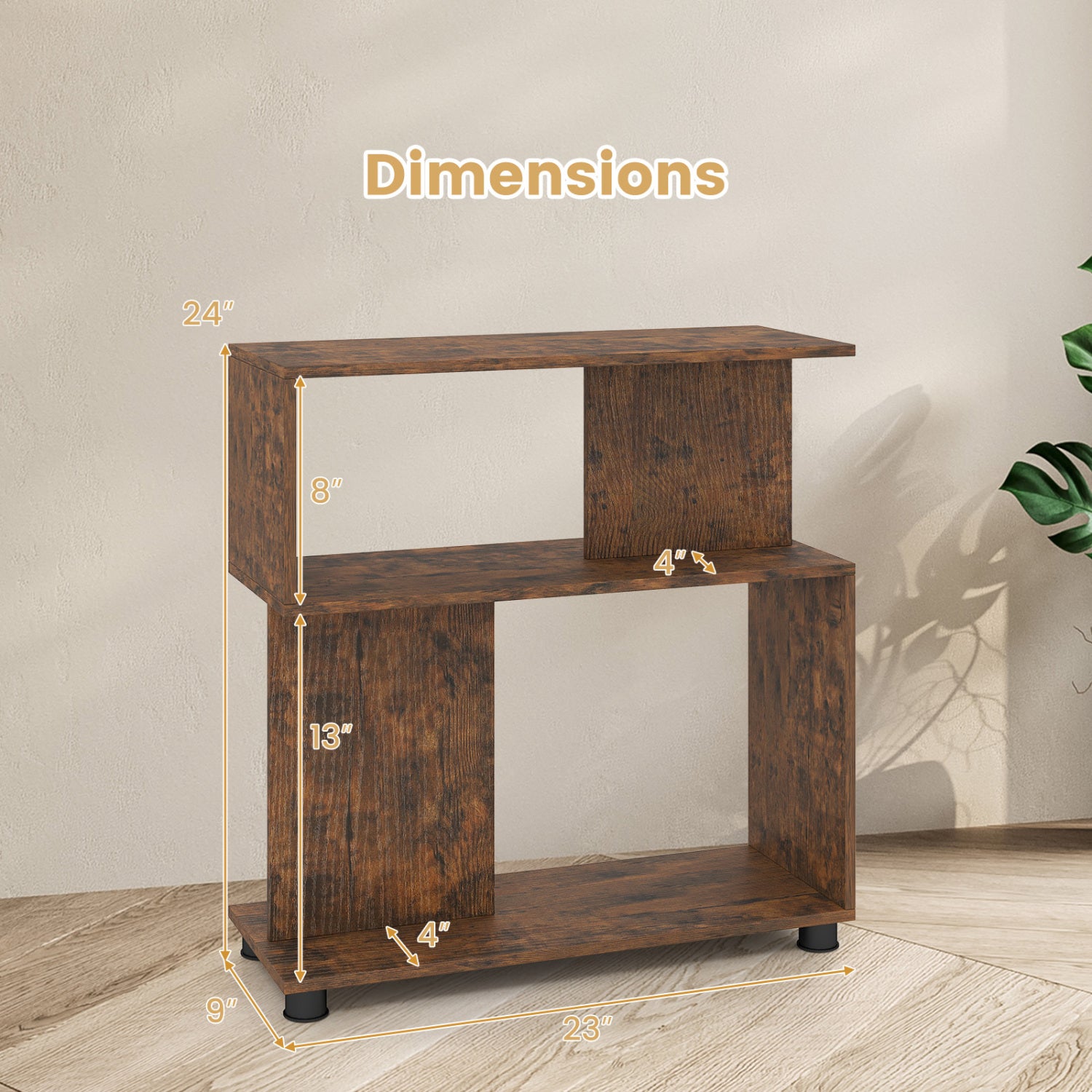 3-Tier Modern S-shaped Bookshelf with Adjustable Feet, Rustic Brown Bookcases at Gallery Canada