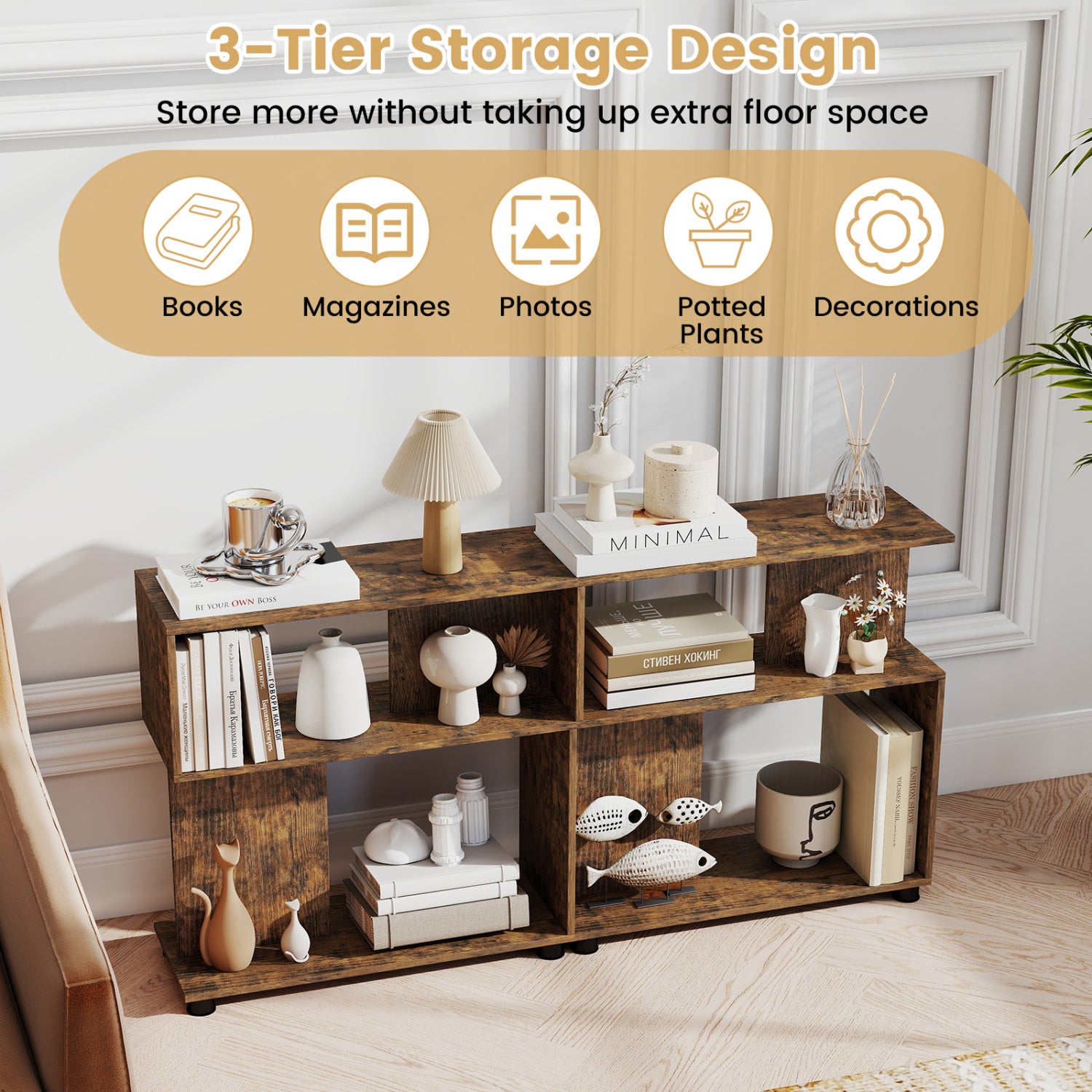 3-Tier Modern S-shaped Bookshelf with Adjustable Feet, Rustic Brown Bookcases at Gallery Canada