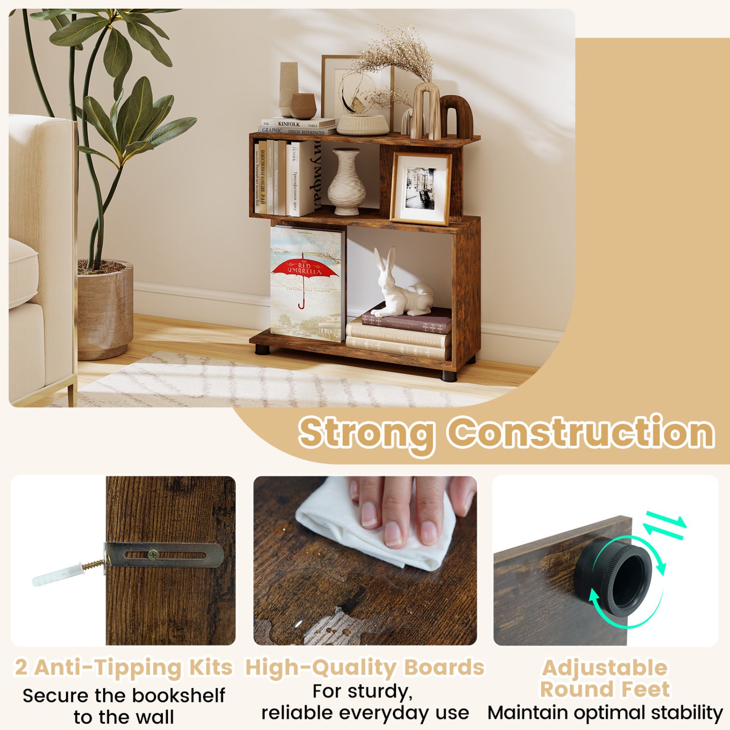 3-Tier Modern S-shaped Bookshelf with Adjustable Feet, Rustic Brown Bookcases at Gallery Canada