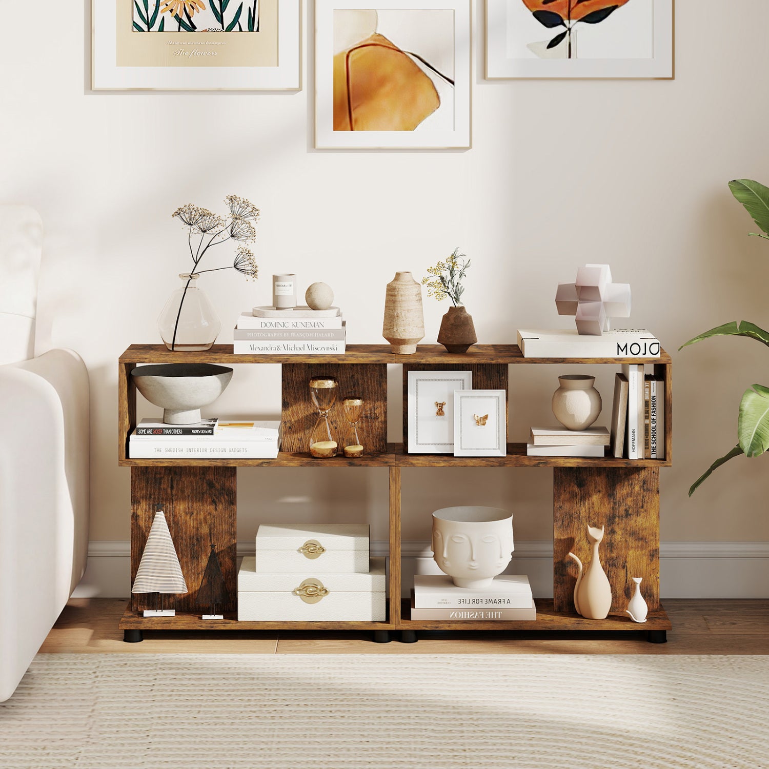 3-Tier Modern S-shaped Bookshelf with Adjustable Feet, Rustic Brown Bookcases at Gallery Canada