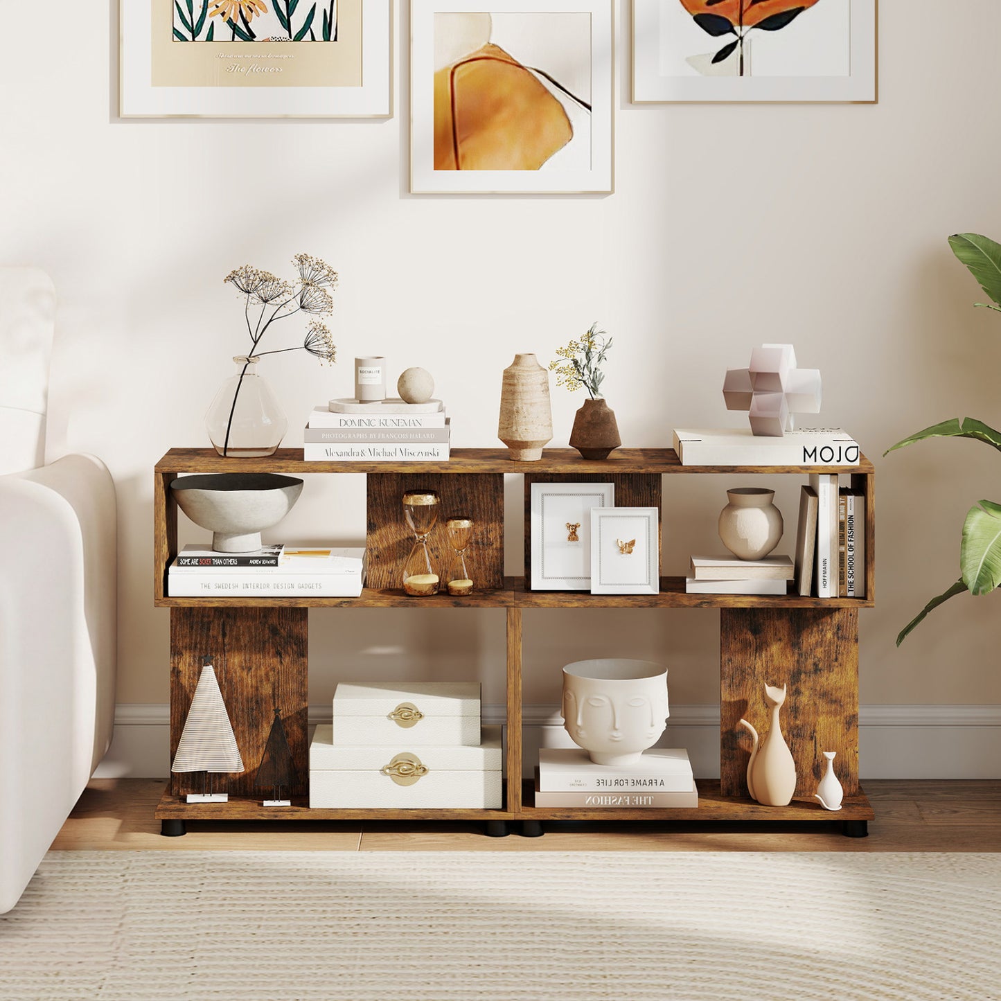 3-Tier Modern S-shaped Bookshelf with Adjustable Feet, Rustic Brown Bookcases at Gallery Canada