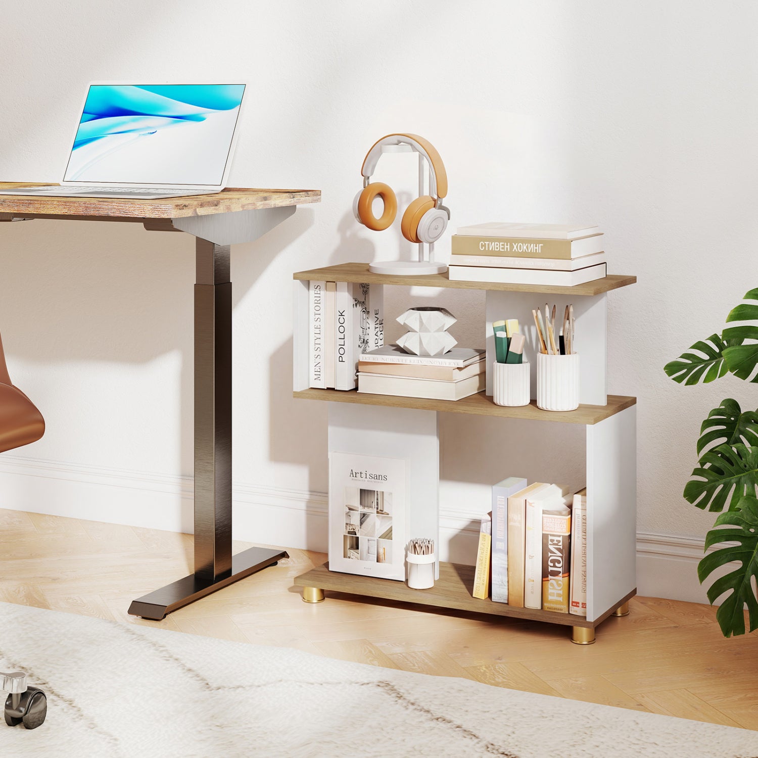 3-Tier Modern S-shaped Bookshelf with Adjustable Feet, White Bookcases at Gallery Canada