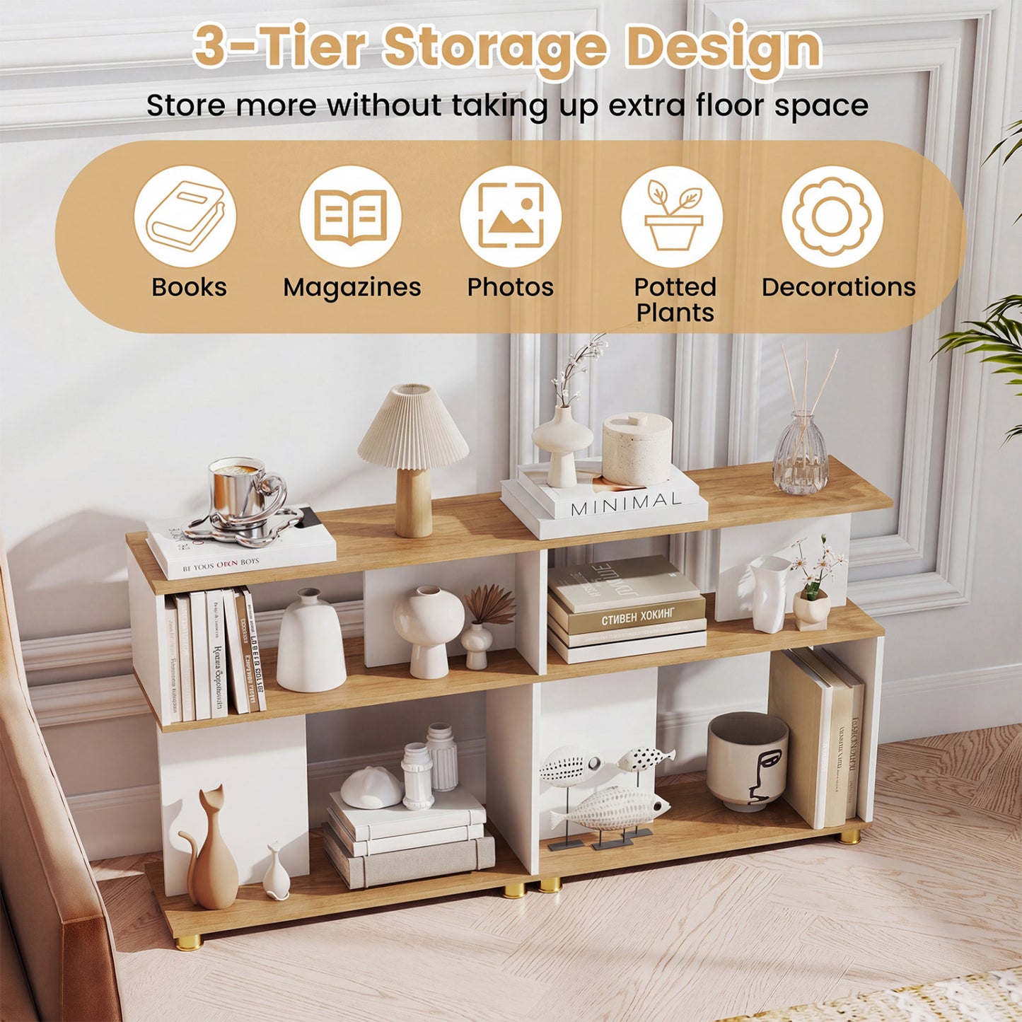 3-Tier Modern S-shaped Bookshelf with Adjustable Feet, White Bookcases at Gallery Canada