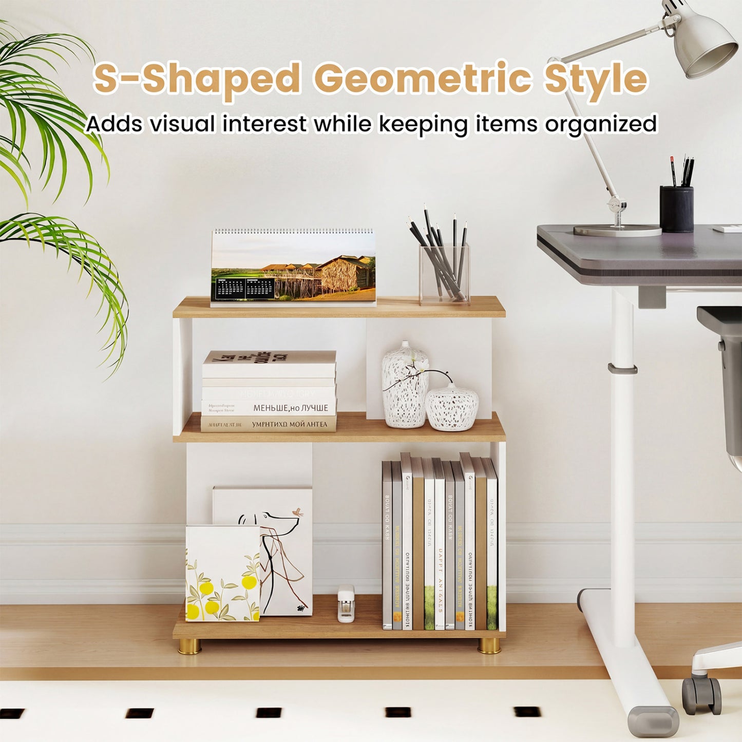 3-Tier Modern S-shaped Bookshelf with Adjustable Feet, White Bookcases at Gallery Canada