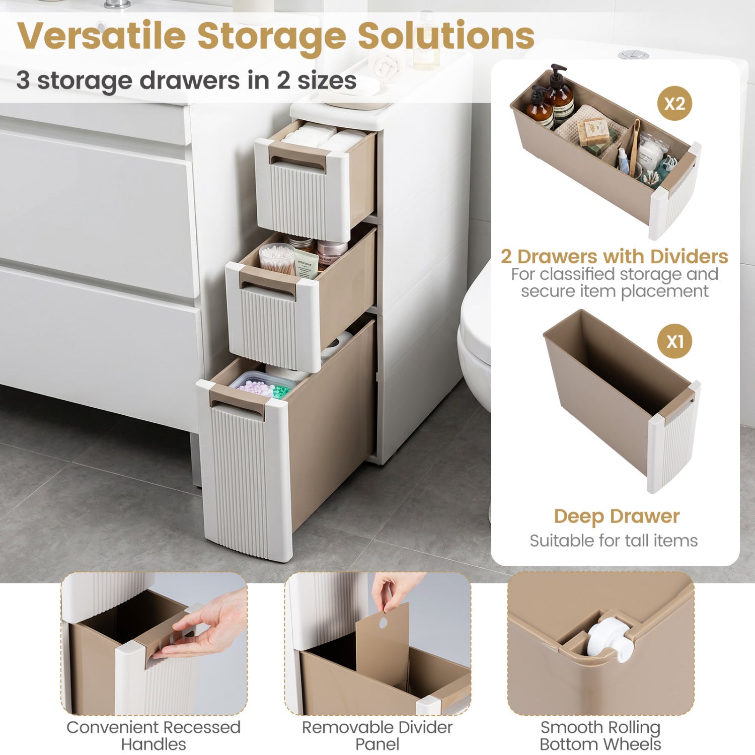 3-Tier Slim Rolling Storage Cart With 3 Drawers, Beige Floor Cabinets at Gallery Canada