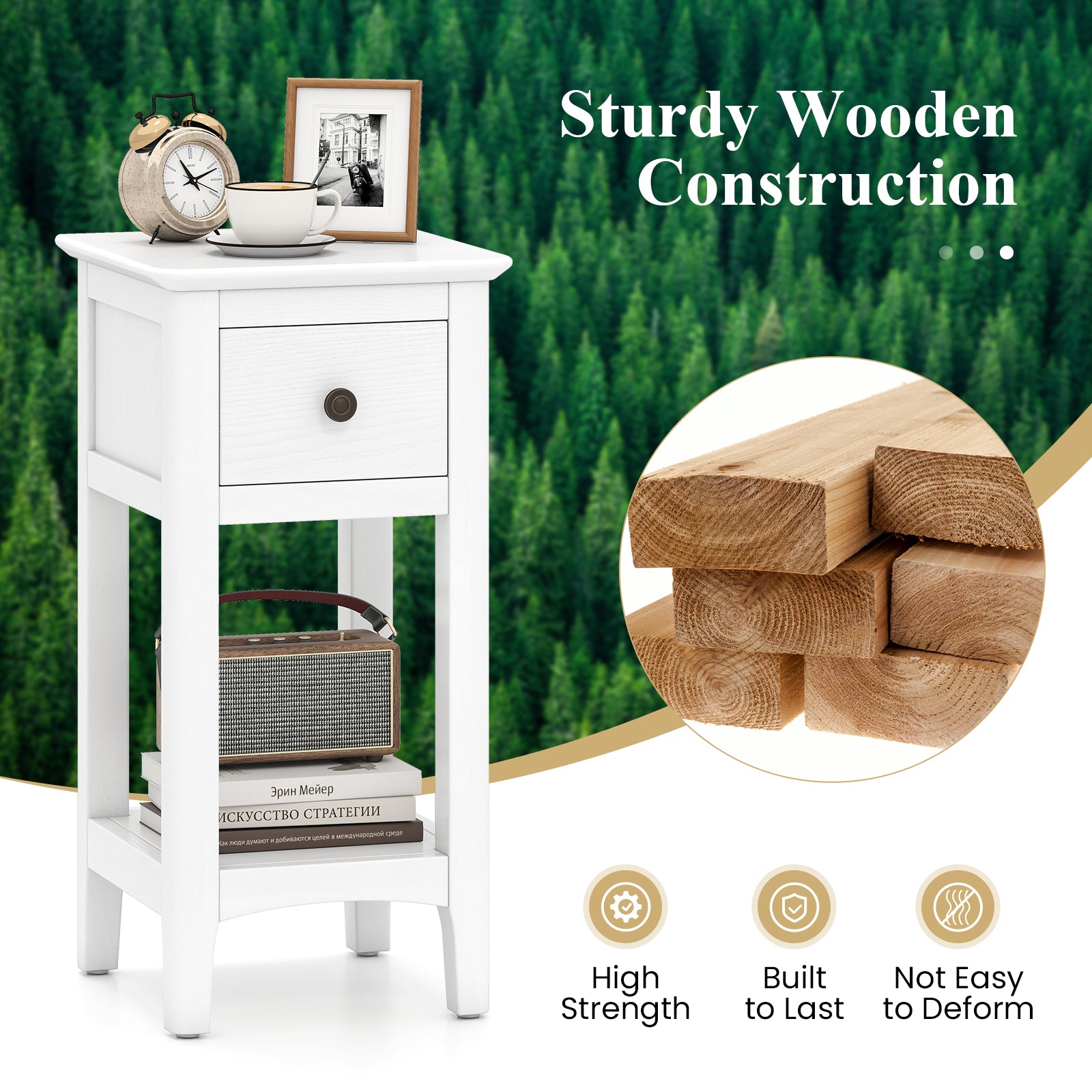 3-Tier Nightstand With Drawer, Open Storage Shelf, White Nightstands at Gallery Canada