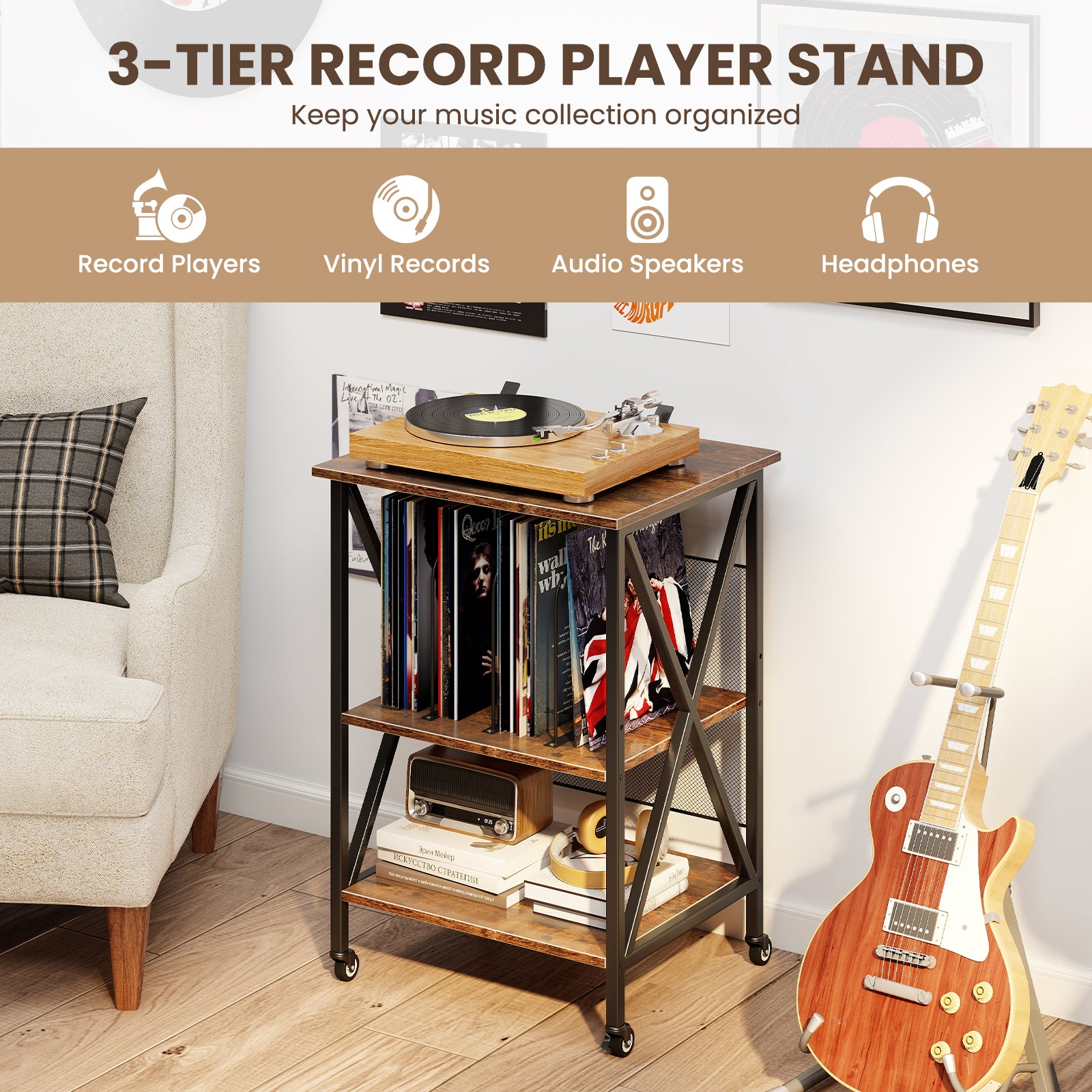 3-Tier Record Player Stand, Adjustable Shelf, Charging Station, Coffee Corner Desks at Gallery Canada
