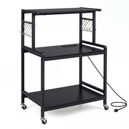 3-Tier Rolling Microwave Cart, Power Outlet, Lockable Wheels, Black Kitchen Islands & Carts Black at Gallery Canada