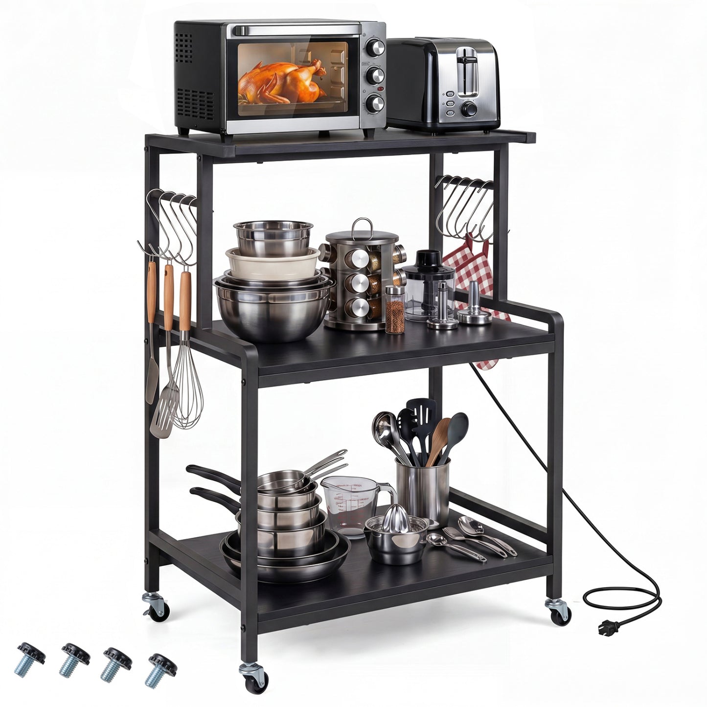 3-Tier Rolling Microwave Cart, Power Outlet, Lockable Wheels, Black Kitchen Islands & Carts at Gallery Canada