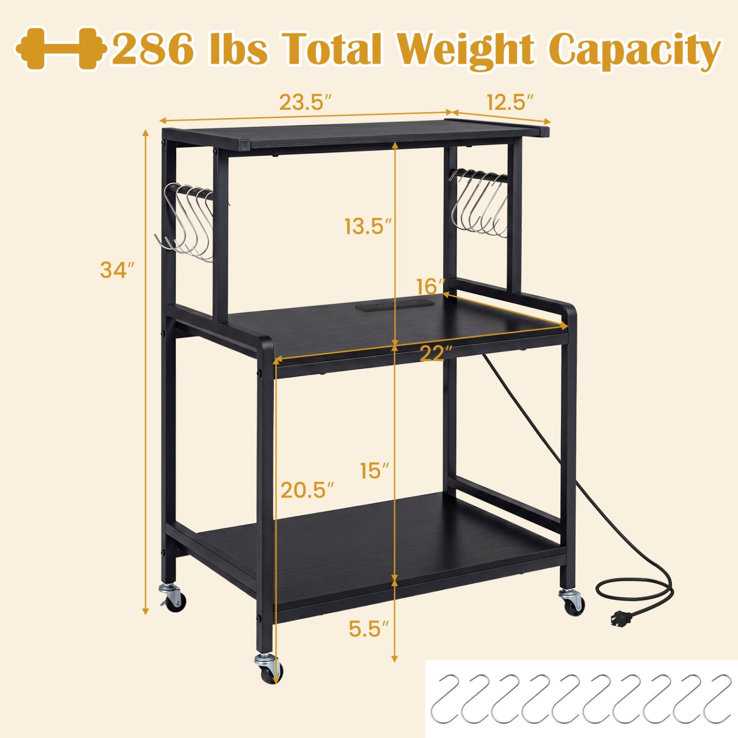 3-Tier Rolling Microwave Cart, Power Outlet, Lockable Wheels, Black Kitchen Islands & Carts at Gallery Canada