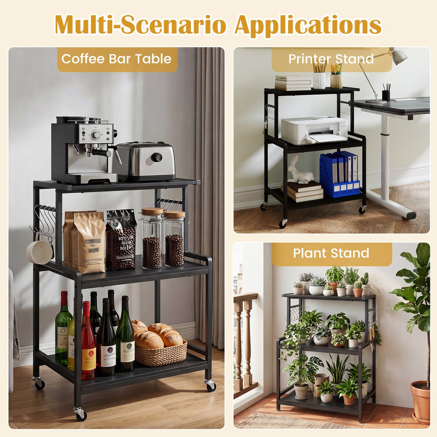 3-Tier Rolling Microwave Cart, Power Outlet, Lockable Wheels, Black Kitchen Islands & Carts at Gallery Canada