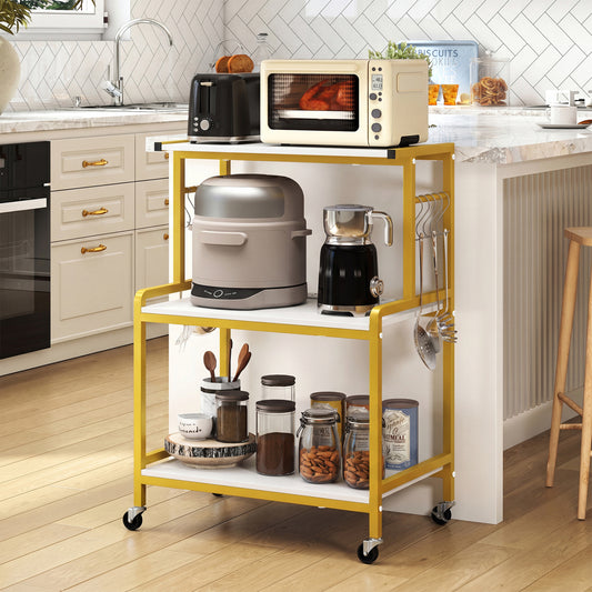 3-Tier Rolling Microwave Cart, 10 Hooks, White & Golden Kitchen Islands & Carts White & Golden at Gallery Canada