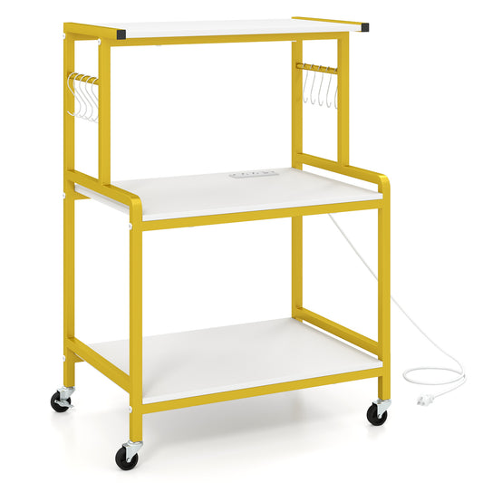 3-Tier Rolling Microwave Cart, 10 Hooks, White & Golden Kitchen Islands & Carts White & Golden at Gallery Canada