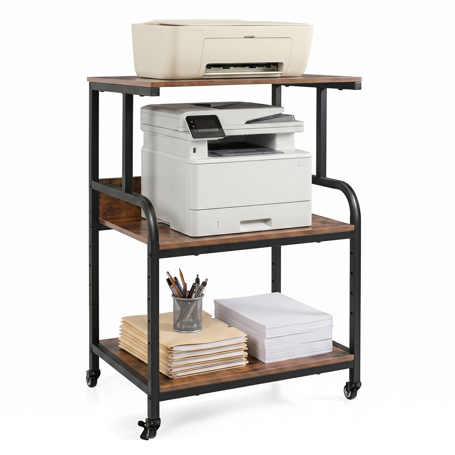 3-Tier Rolling Printer Stand, Adjustable Shelf, Lockable Wheels, Rustic Brown Laptop Tables & Printer Stands at Gallery Canada