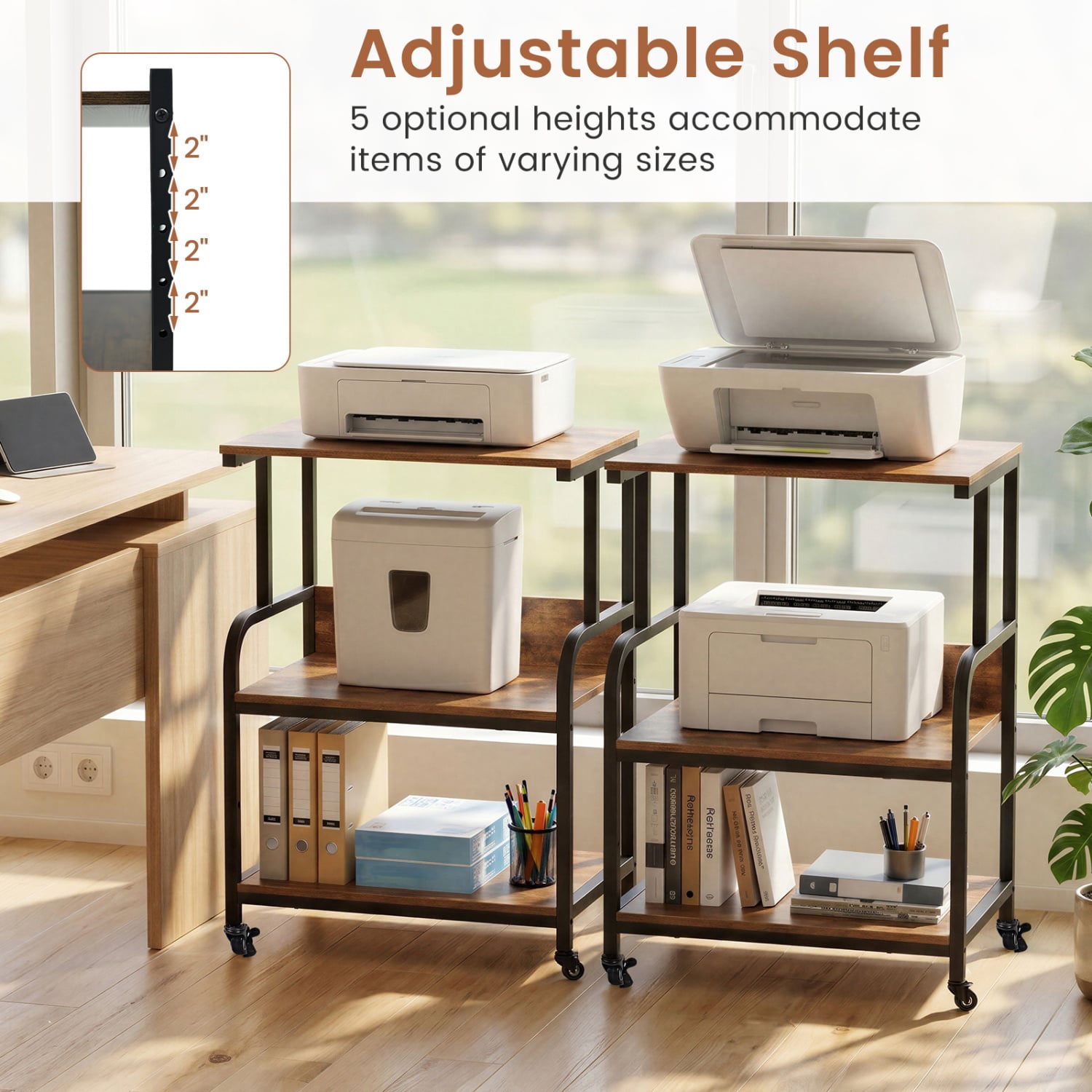 3-Tier Rolling Printer Stand, Adjustable Shelf, Lockable Wheels, Rustic Brown Laptop Tables & Printer Stands at Gallery Canada