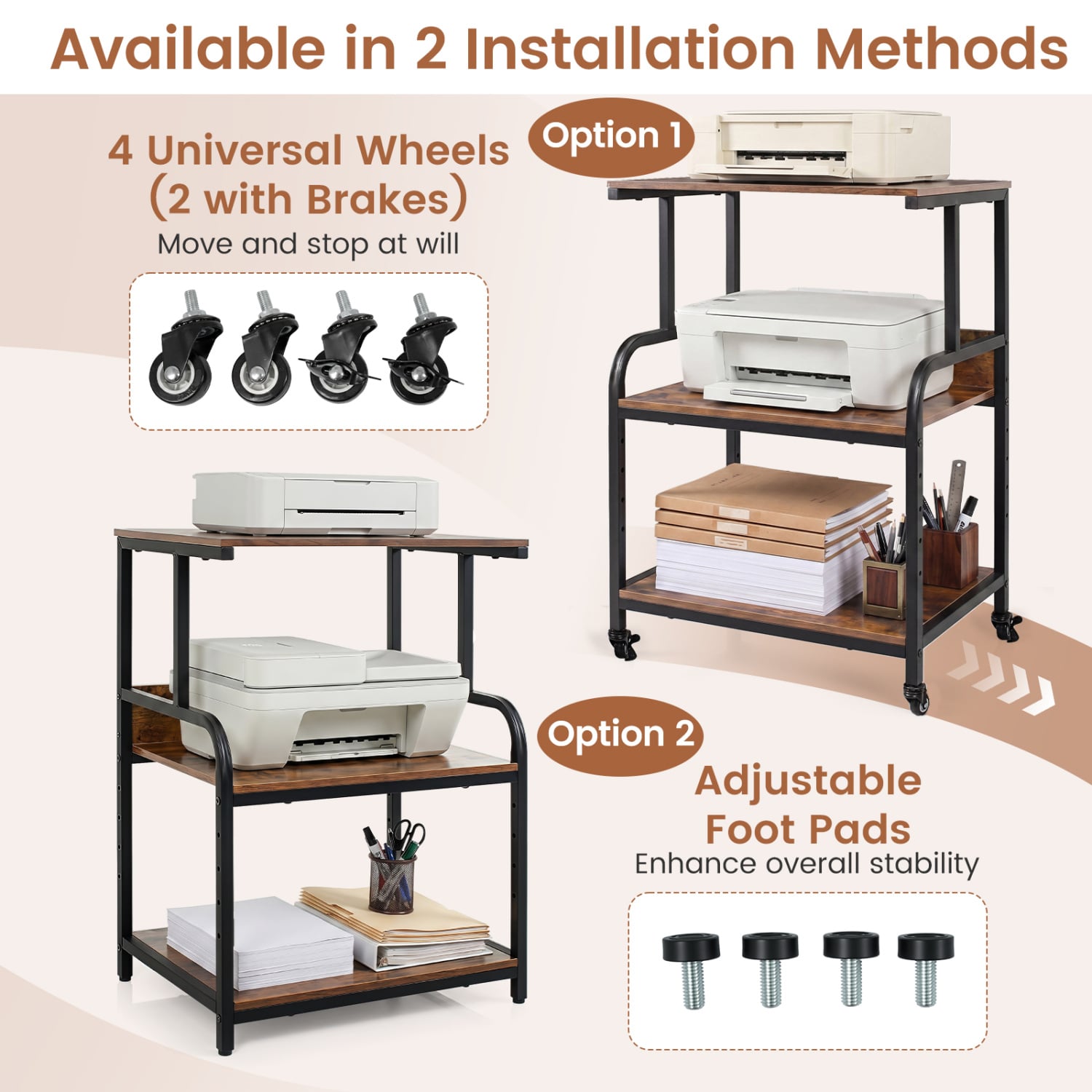 3-Tier Rolling Printer Stand, Adjustable Shelf, Lockable Wheels, Rustic Brown Laptop Tables & Printer Stands at Gallery Canada