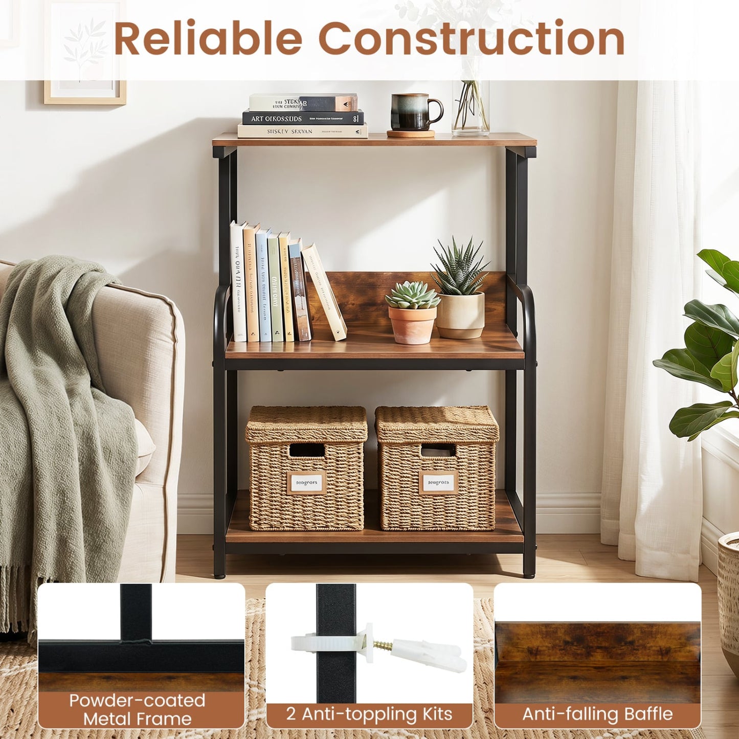 3-Tier Rolling Printer Stand, Adjustable Shelf, Lockable Wheels, Rustic Brown Laptop Tables & Printer Stands at Gallery Canada