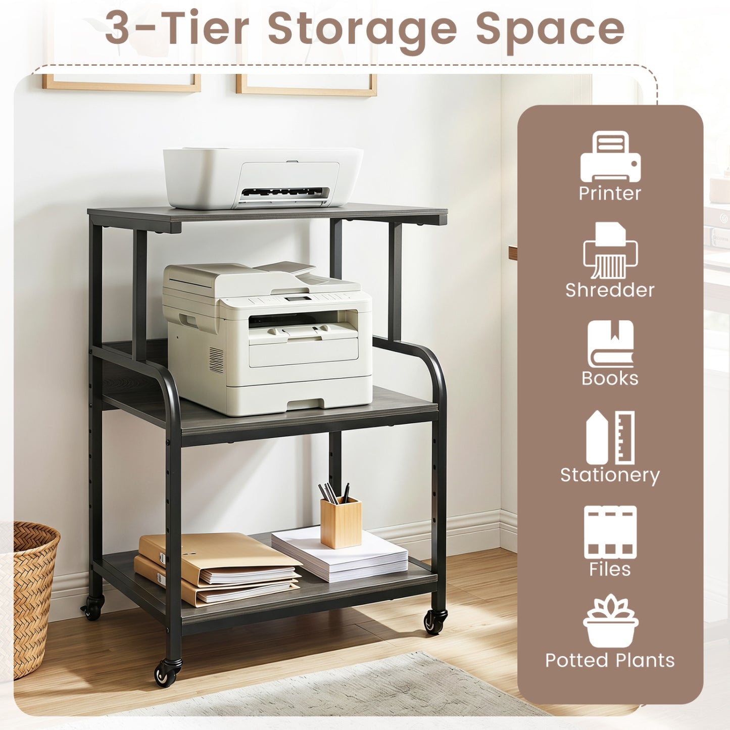 3-Tier Rolling Printer Stand, Adjustable Shelf, Lockable Wheels, Oak Laptop Tables & Printer Stands at Gallery Canada