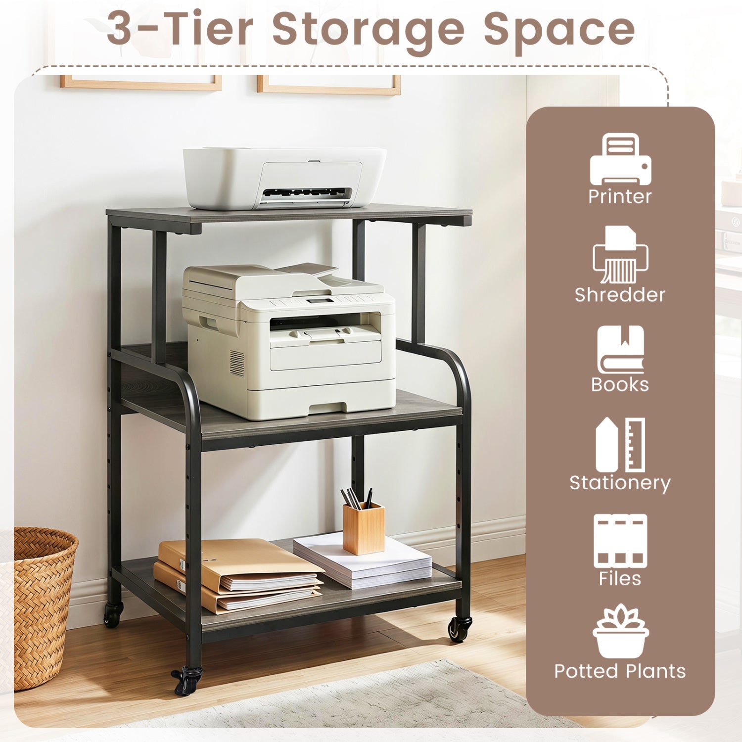3-Tier Rolling Printer Stand, Adjustable Shelf, Lockable Wheels, Oak Laptop Tables & Printer Stands at Gallery Canada
