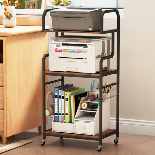 3-Tier Rolling Printer Stand, Storage Shelves, 10 Hooks, Rustic Brown