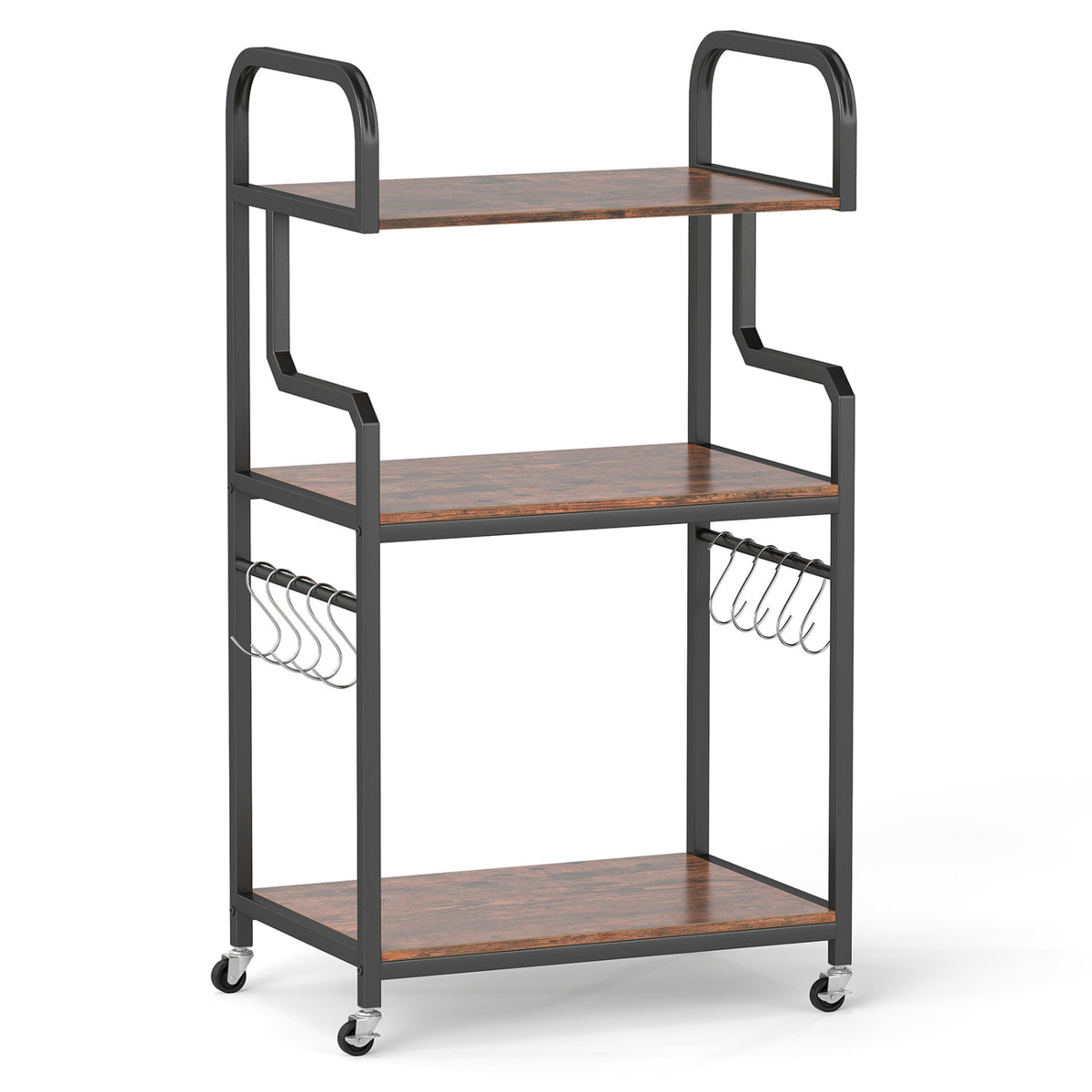 3-Tier Rolling Printer Stand, Storage Shelves, 10 Hooks, Rustic Brown Laptop Tables & Printer Stands Rustic Brown at Gallery Canada