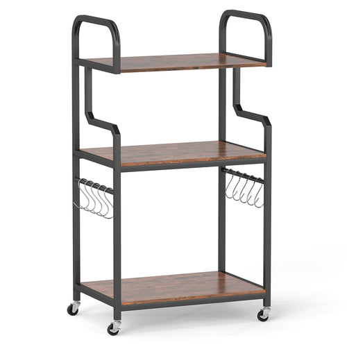 3-Tier Rolling Printer Stand, Storage Shelves, 10 Hooks, Rustic Brown