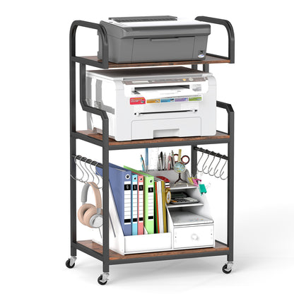 3-Tier Rolling Printer Stand, Storage Shelves, 10 Hooks, Rustic Brown Laptop Tables & Printer Stands at Gallery Canada