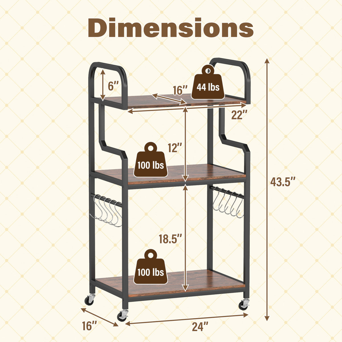 3-Tier Rolling Printer Stand, Storage Shelves, 10 Hooks, Rustic Brown Laptop Tables & Printer Stands at Gallery Canada