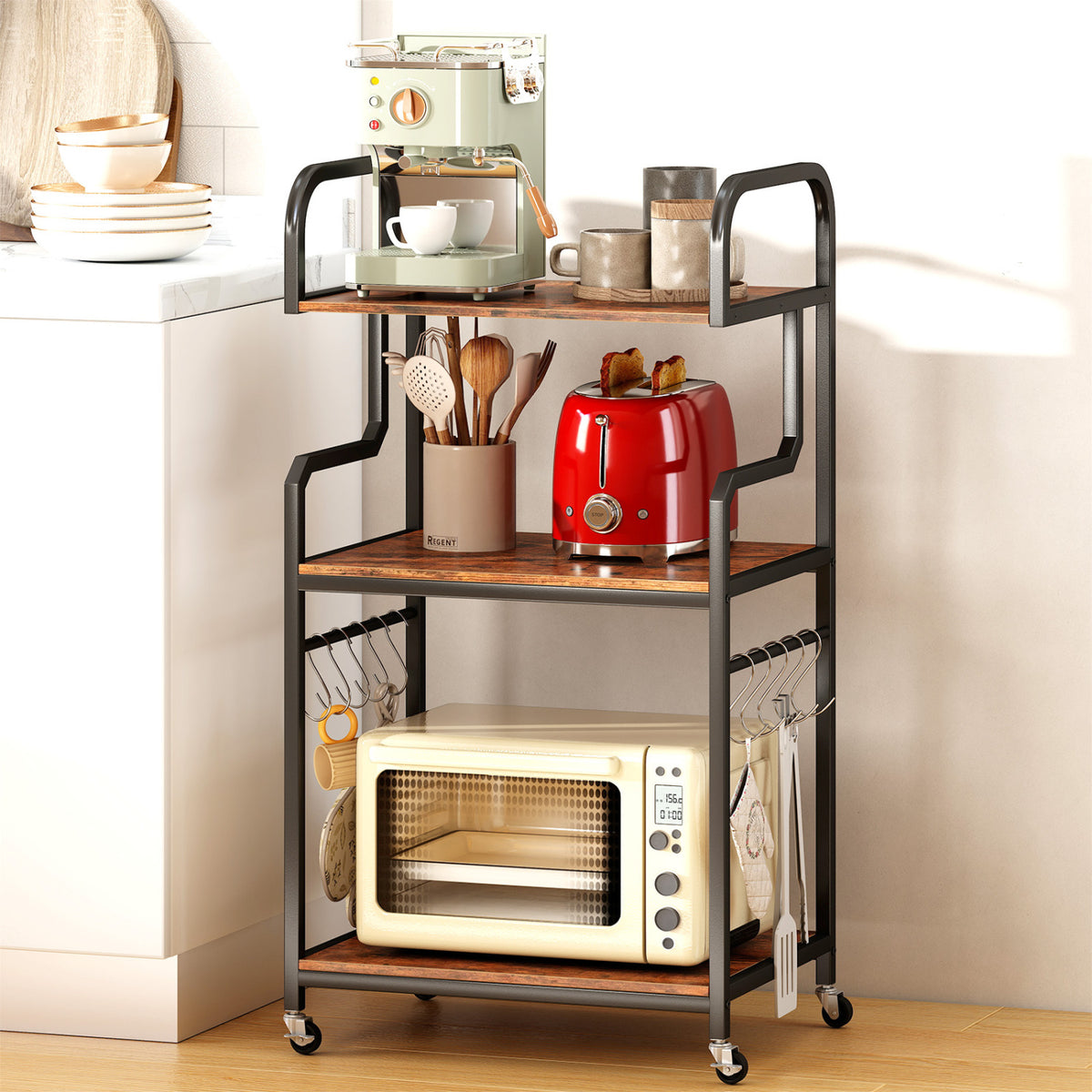 3-Tier Rolling Printer Stand, Storage Shelves, 10 Hooks, Rustic Brown Laptop Tables & Printer Stands at Gallery Canada