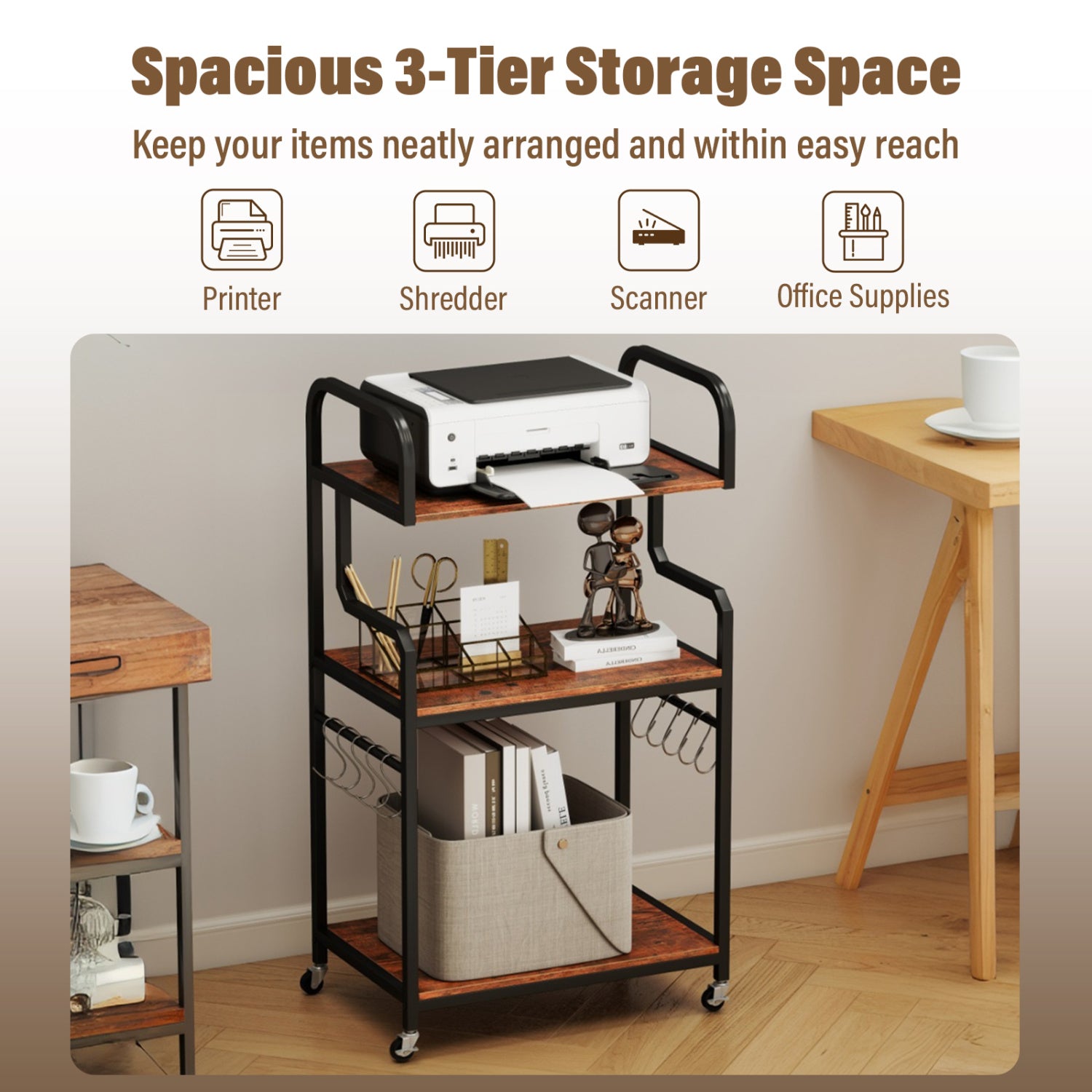 3-Tier Rolling Printer Stand, Storage Shelves, 10 Hooks, Rustic Brown Laptop Tables & Printer Stands at Gallery Canada