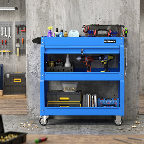 3-Tier Rolling Tool Cart With Lockable Drawer, Blue