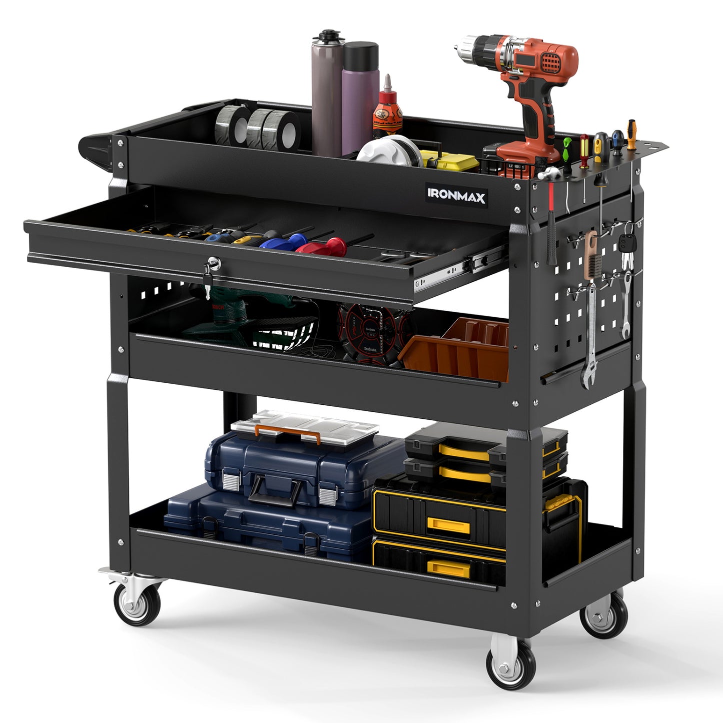 3-Tier Rolling Tool Cart With Lockable Drawer, Black Garages at Gallery Canada