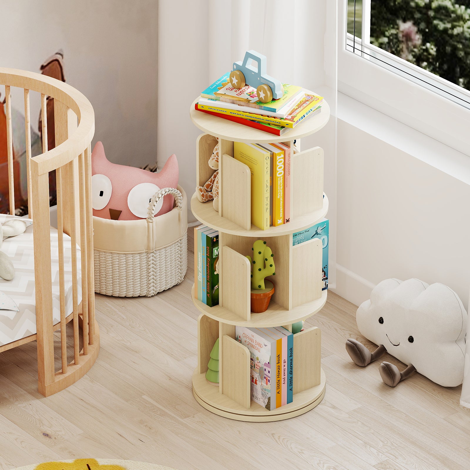 3-Tier Rotating Bookshelf With Dividers, Anti-Falling Baffles, Natural Bookcases at Gallery Canada