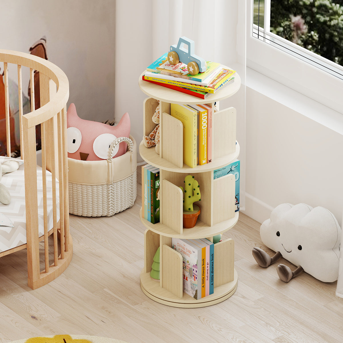 3-Tier Rotating Bookshelf With Dividers, Anti-Falling Baffles, Natural Bookcases at Gallery Canada