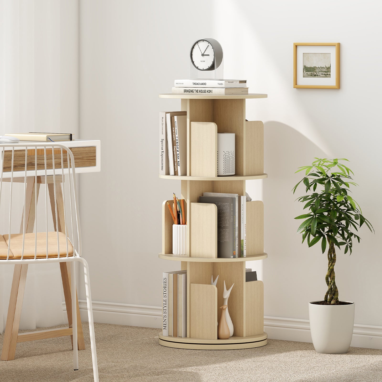 3-Tier Rotating Bookshelf With Dividers, Anti-Falling Baffles, Natural Bookcases at Gallery Canada