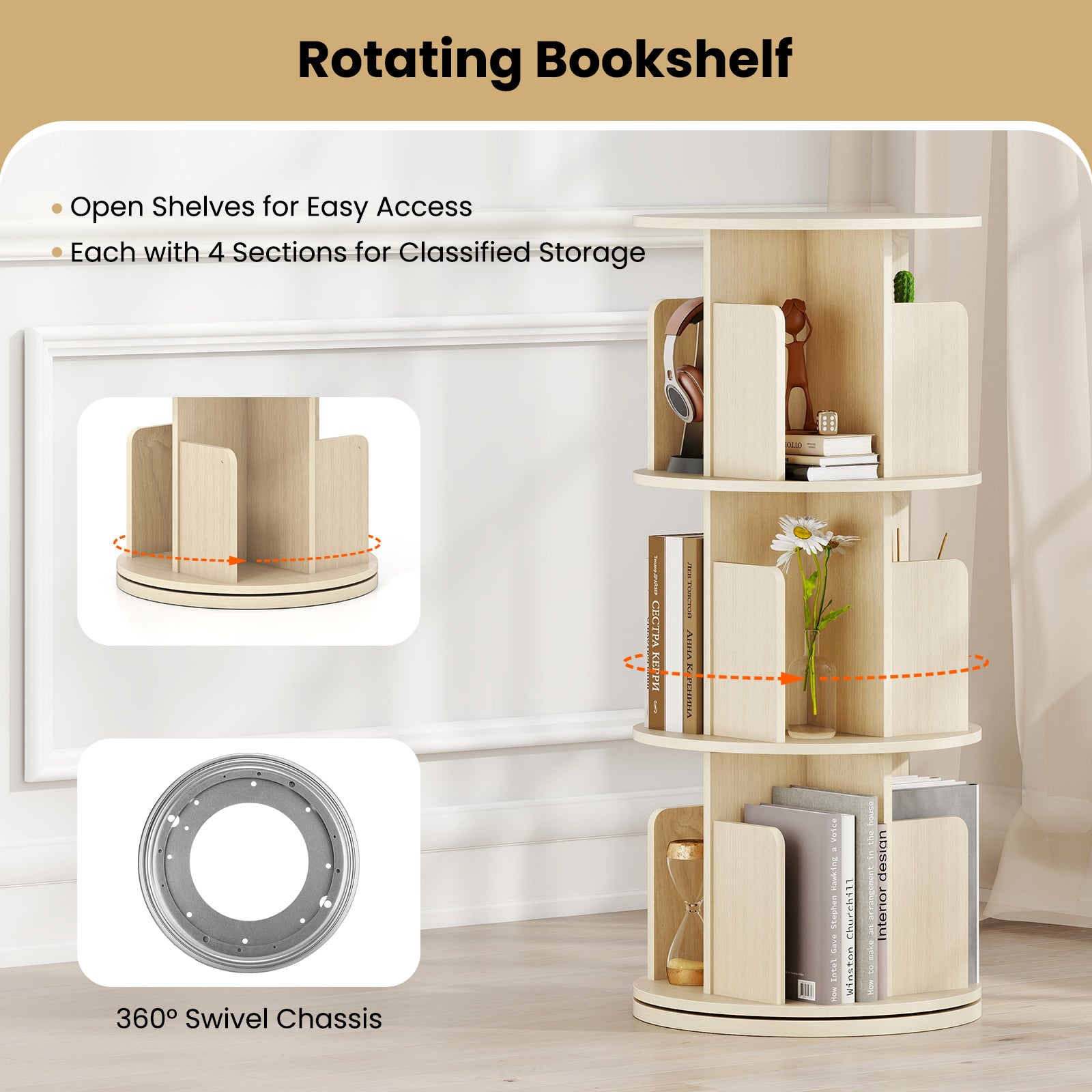 3-Tier Rotating Bookshelf With Dividers, Anti-Falling Baffles, Natural Bookcases at Gallery Canada