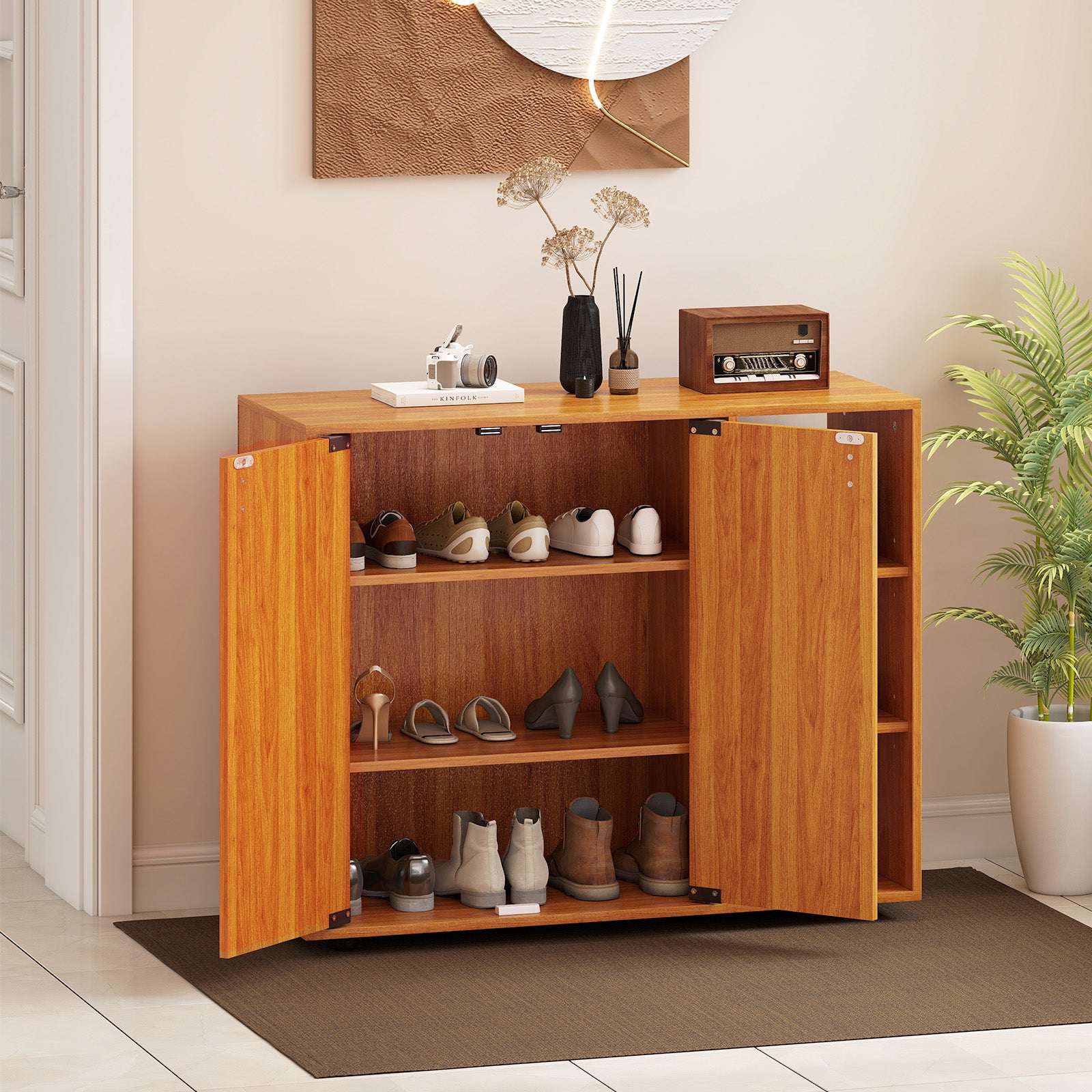 3-Tier Shoe Cabinet With Doors, Adjustable Open Shelves, Natural Shoe Racks & Storage Benches at Gallery Canada