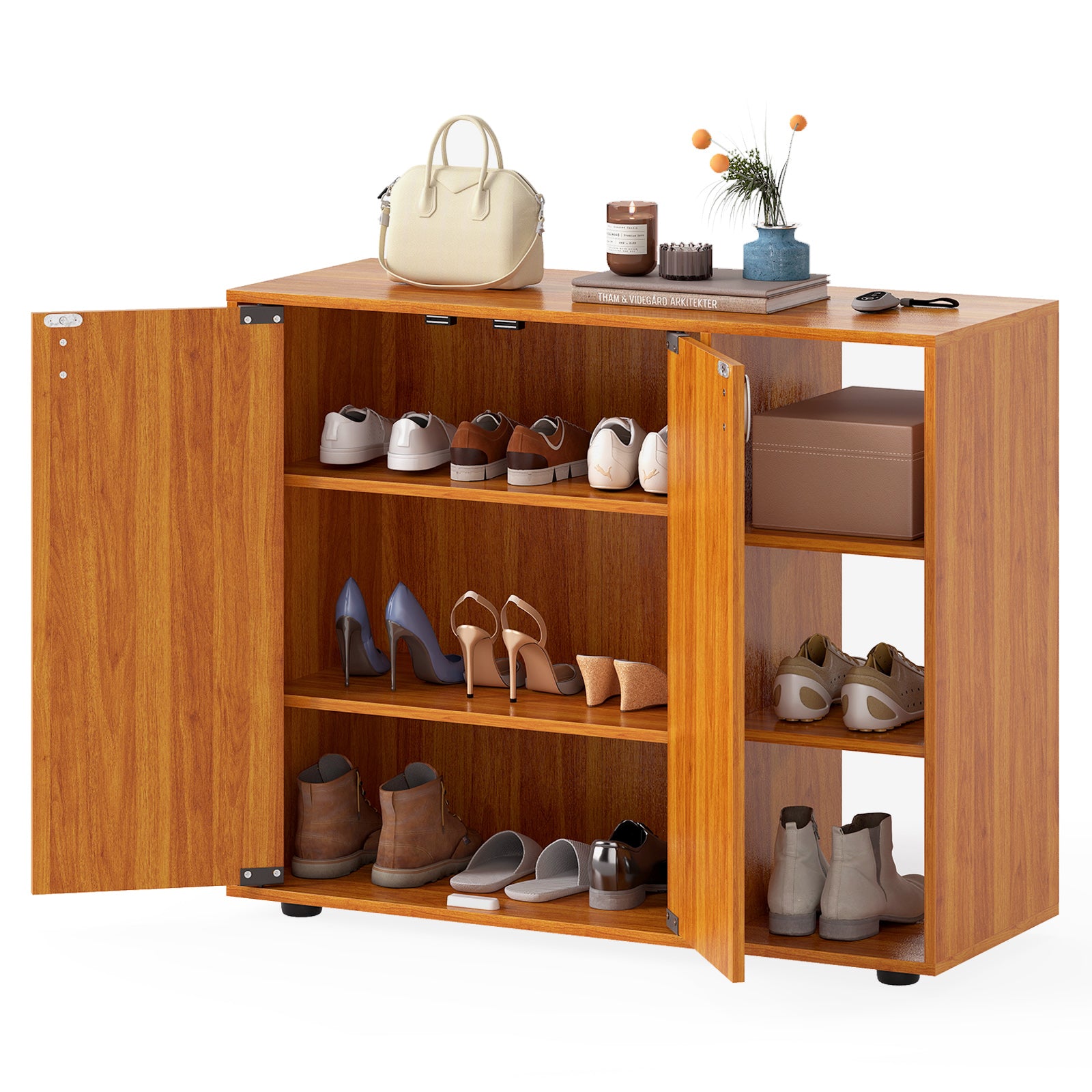 3-Tier Shoe Cabinet With Doors, Adjustable Open Shelves, Natural Shoe Racks & Storage Benches at Gallery Canada